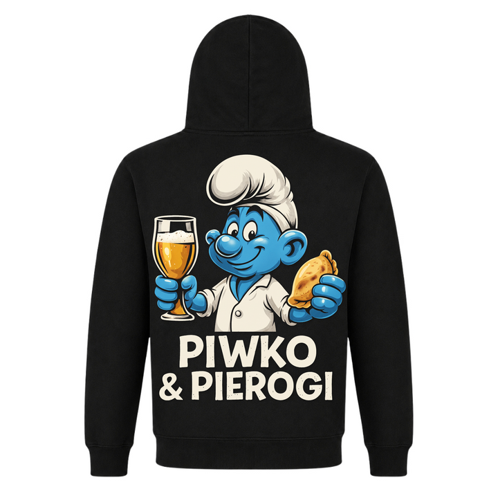 Piwko &amp; Pierogi Premium Unisex Hoodie in Schwarz – Rückseite mit Rückendruck – polnischer Spruch