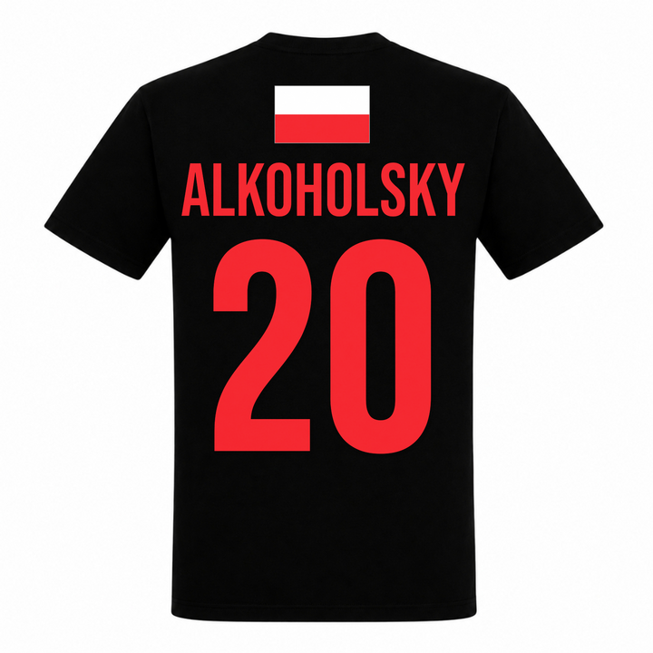 Alkoholsky 20 Trikot Unisex T-Shirt in Schwarz – Rückseite mit Rückendruck – polnischer Spruch