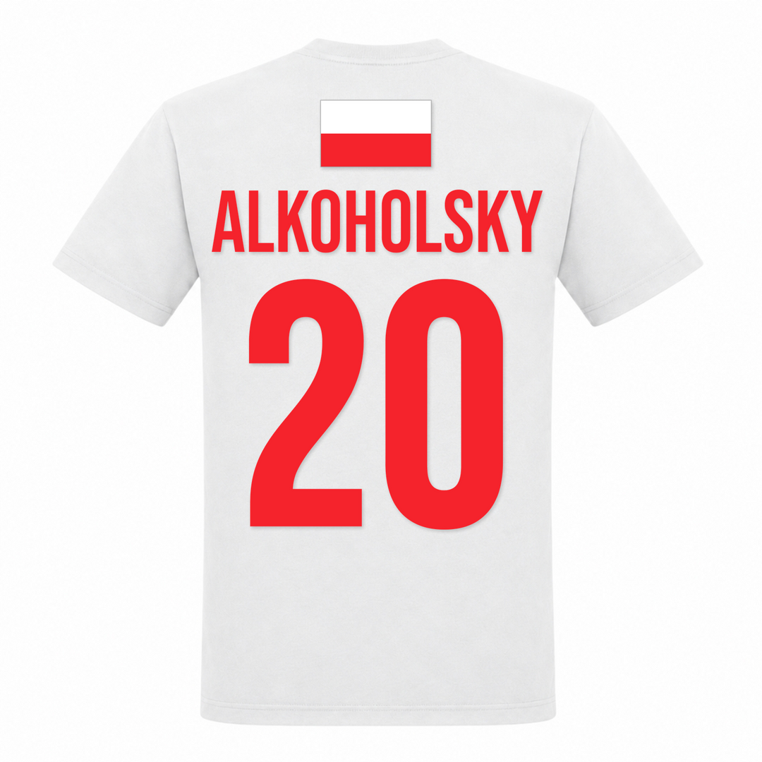 Alkoholsky 20 Trikot Unisex T-Shirt in Weiß – Rückseite mit Rückendruck – polnischer Spruch