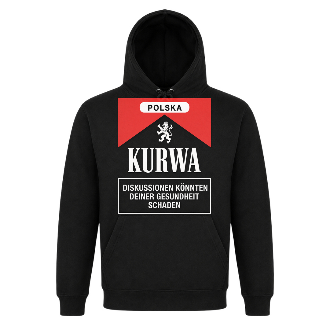 Kurwa Premium Unisex Hoodie in Schwarz – Vorderseite – polnischer Spruch