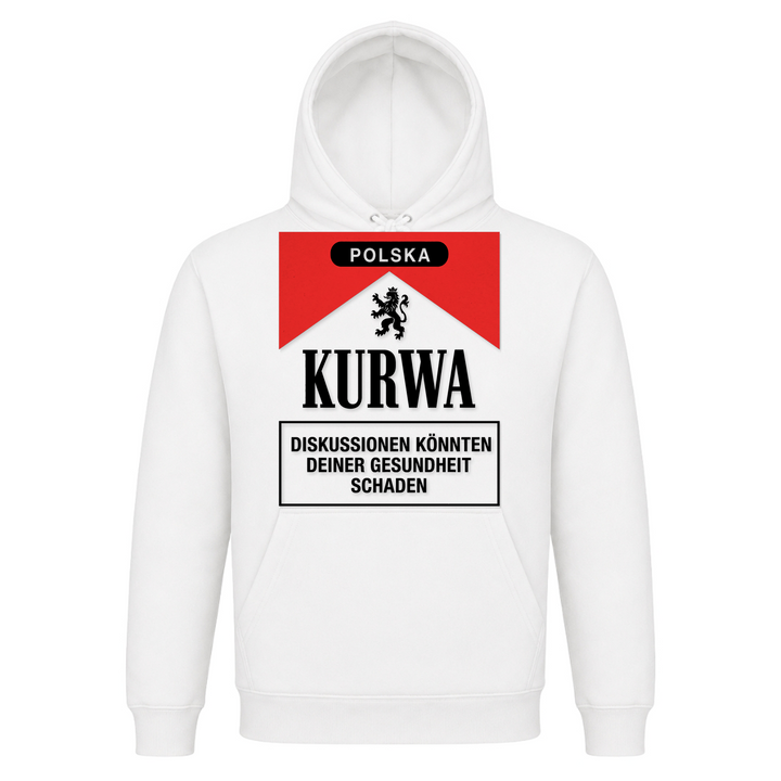 Kurwa Premium Unisex Hoodie in Weiß – Vorderseite – polnischer Spruch