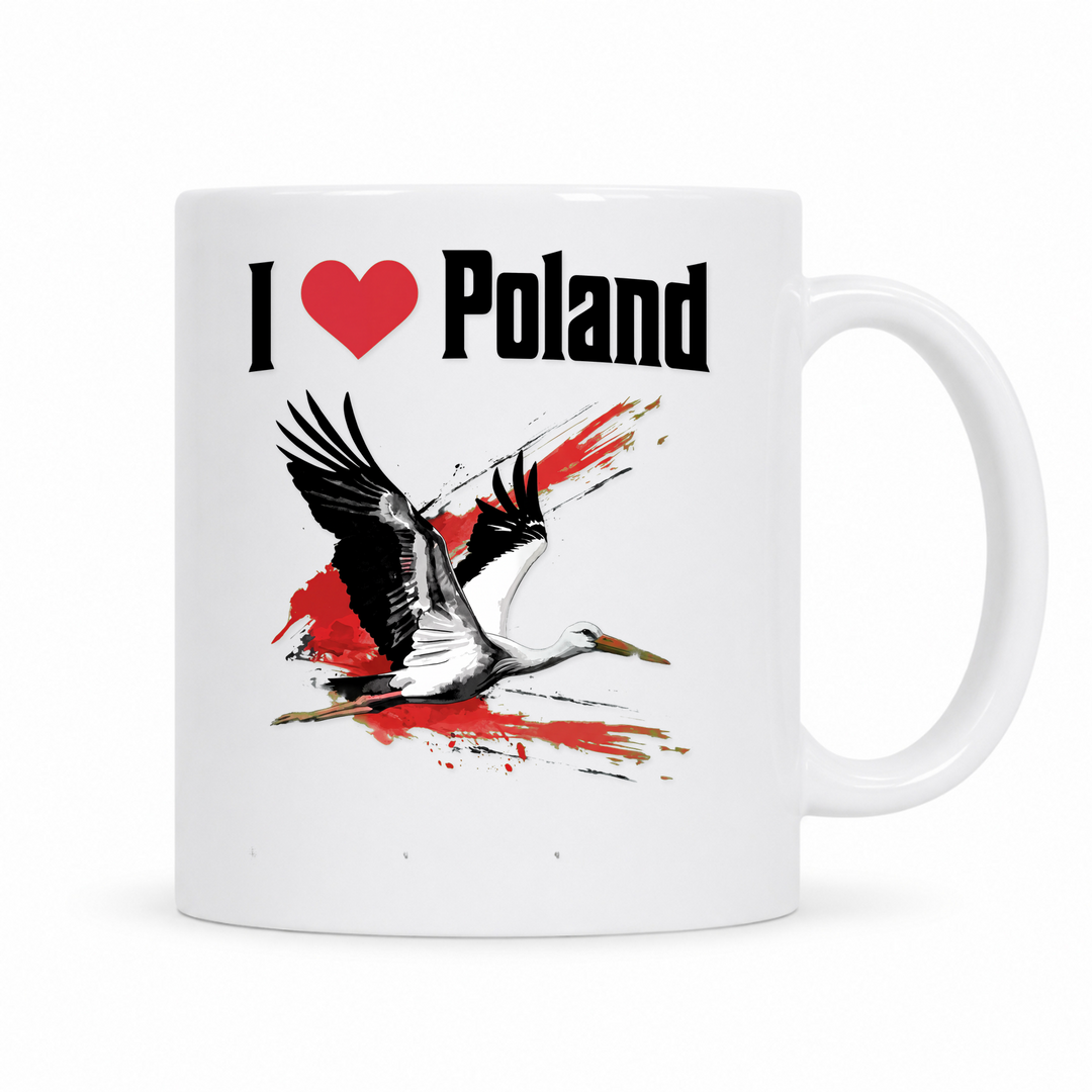 I Love Poland Storch Tasse – weiße Keramiktasse mit polnischem Spruch