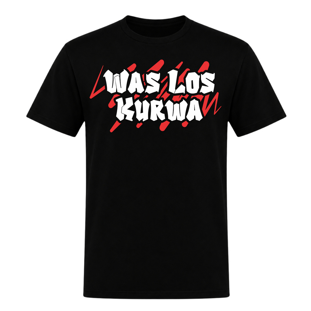 Was los Kurwa Graffiti Unisex T-Shirt in Schwarz – Vorderseite – polnischer Spruch