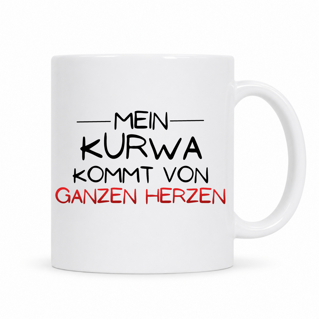Mein Kurwa kommt von Herzen Tasse – weiße Keramiktasse mit polnischem Spruch