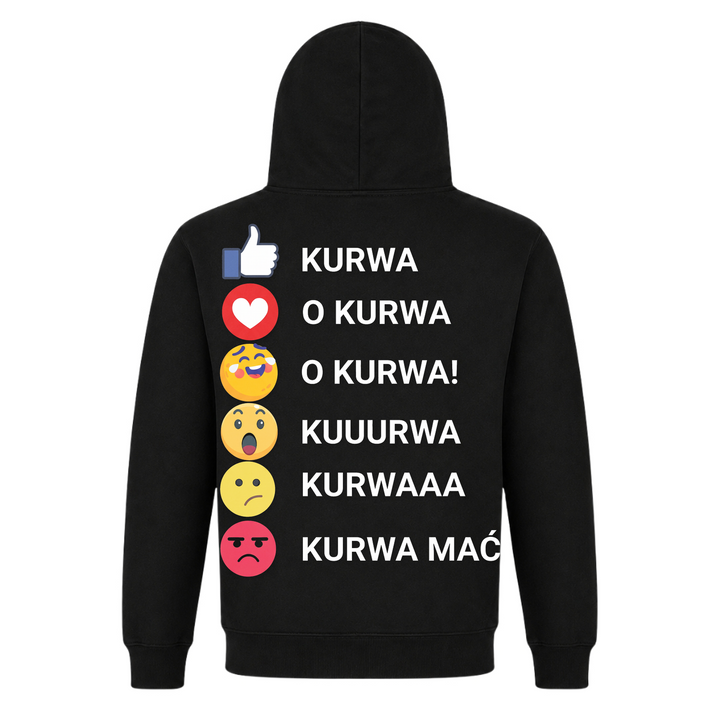 Kurwa Reaktionen Premium Unisex Hoodie in Schwarz – Rückseite mit Rückendruck – polnischer Spruch