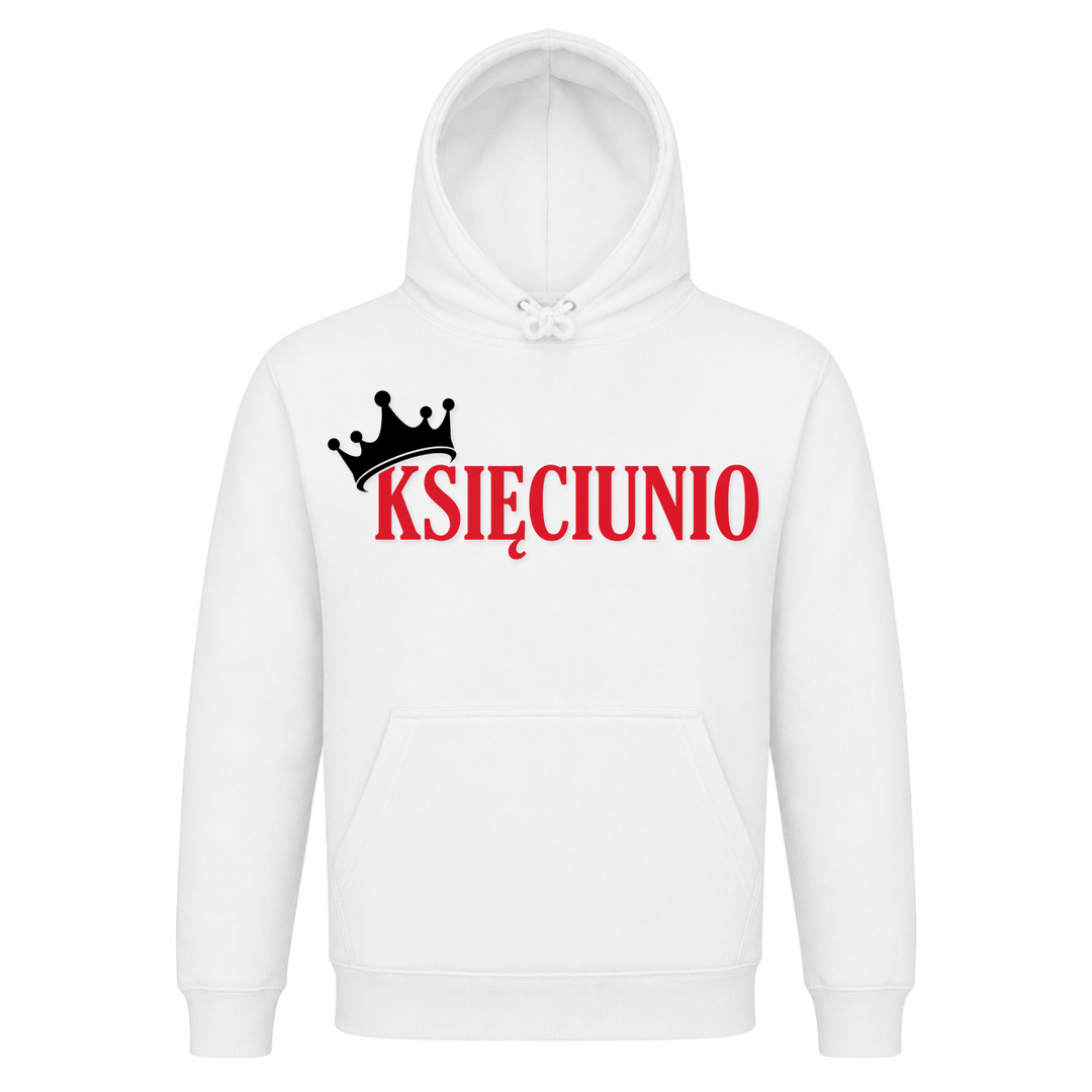 Księciunio Unisex Hoodie in Weiß – Vorderseite – polnischer Spruch