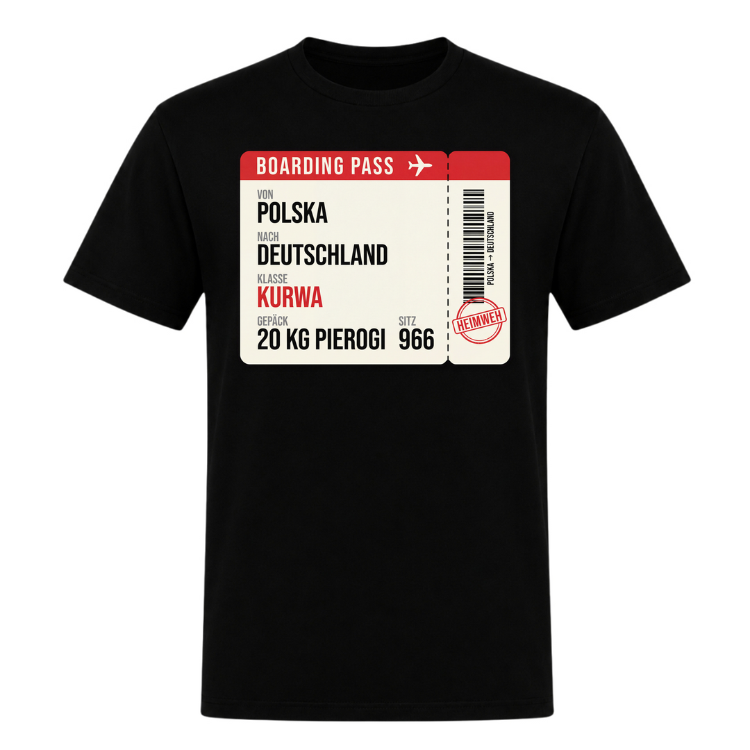 Boarding Pass Polska Deutschland Unisex T-Shirt in Schwarz – Vorderseite – polnischer Spruch