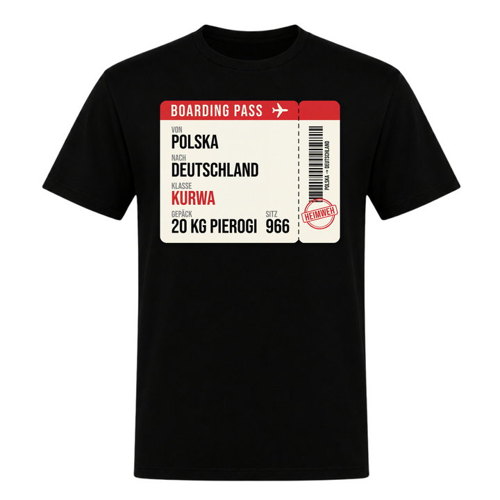 Boarding Pass Polska Deutschland Unisex T-Shirt in Schwarz – Vorderseite – polnischer Spruch