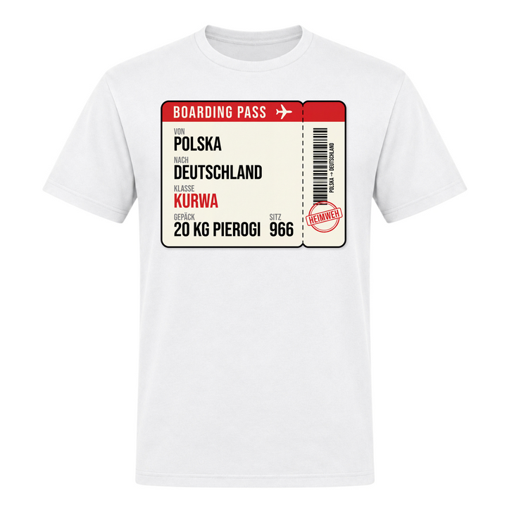 Boarding Pass Polska Deutschland Unisex T-Shirt in Weiß – Vorderseite – polnischer Spruch
