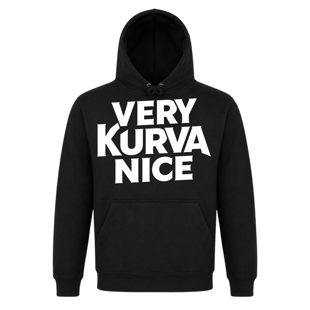 Very Kurva Nice Unisex Hoodie in Schwarz – Vorderseite – polnischer Spruch