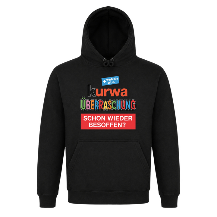 Kurwa Überraschung Premium Unisex Hoodie in Schwarz – Vorderseite – polnischer Spruch