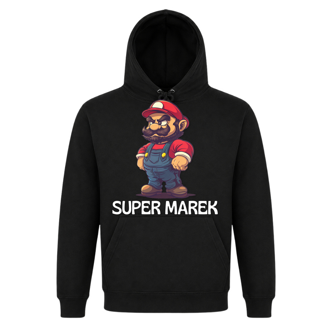 Super Marek Unisex Hoodie in Schwarz – Vorderseite – polnischer Spruch