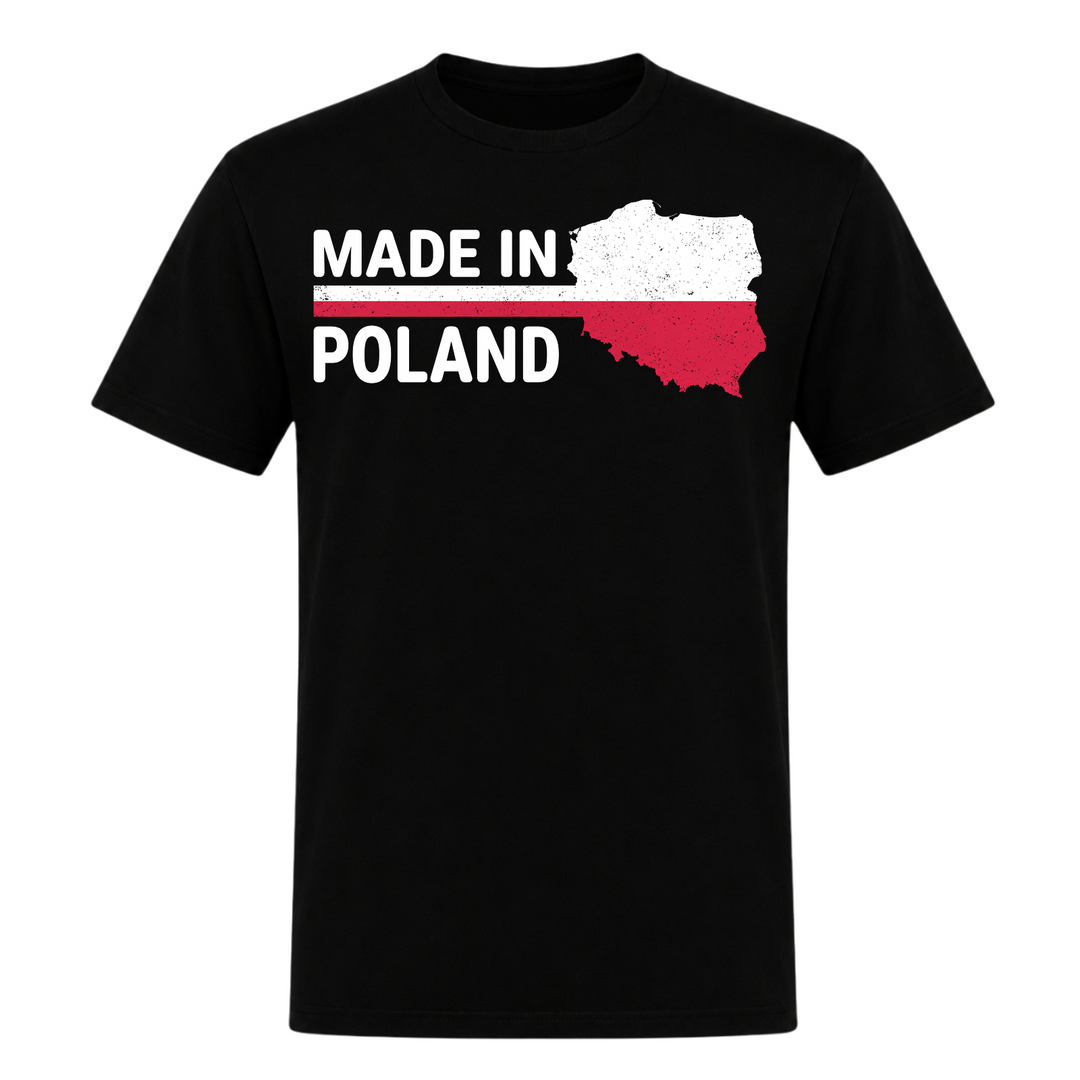Made in Poland Unisex T-Shirt in Schwarz – Vorderseite – polnischer Spruch