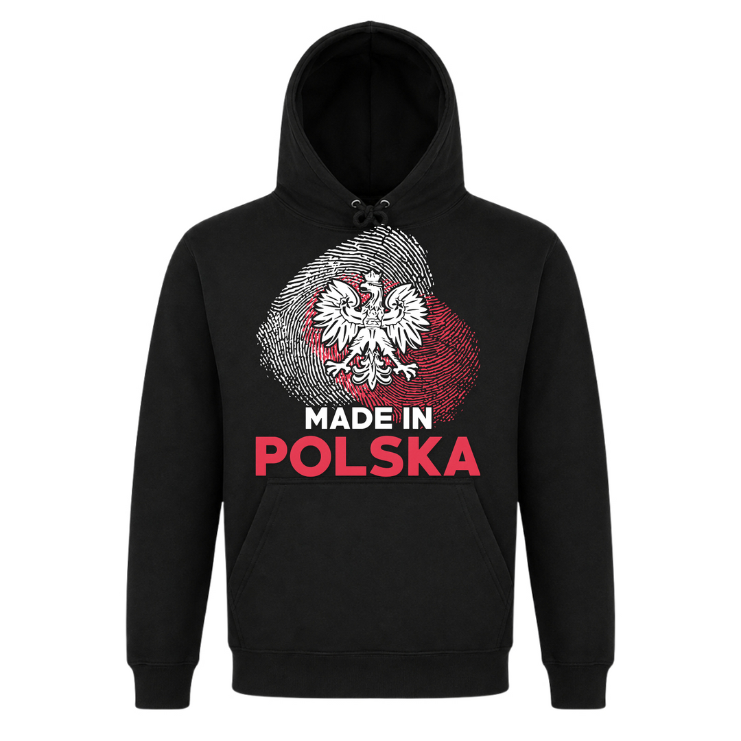 Made in Polska Fingerabdruck Unisex Hoodie in Schwarz – Vorderseite – polnischer Spruch