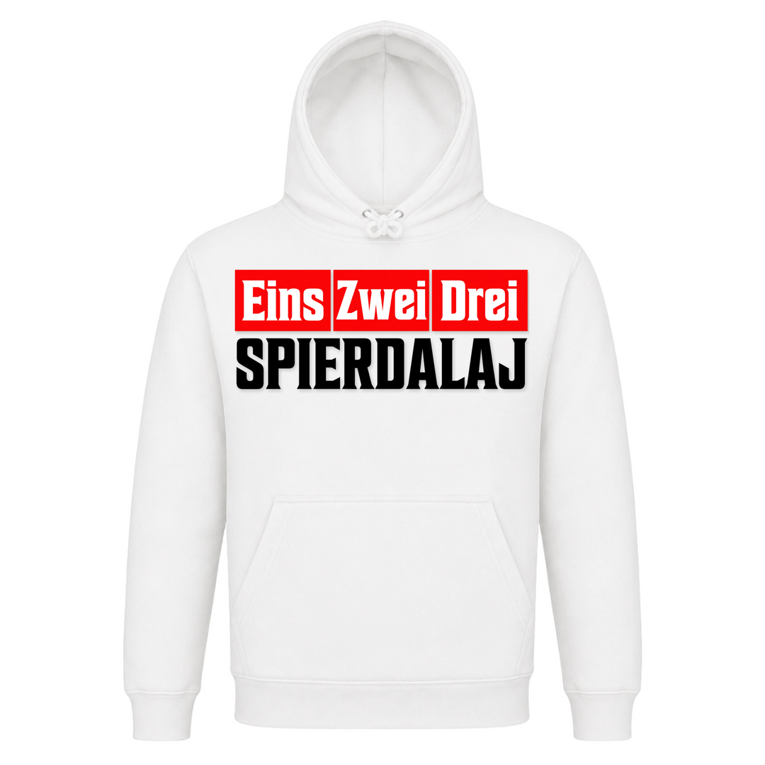 Eins Zwei Drei Spierdalaj Unisex Hoodie in Weiß – Vorderseite – polnischer Spruch