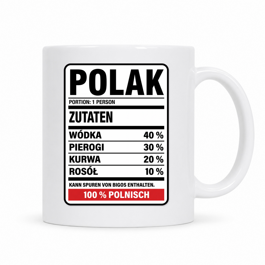 Polak Zutaten Tasse – weiße Keramiktasse mit polnischem Spruch