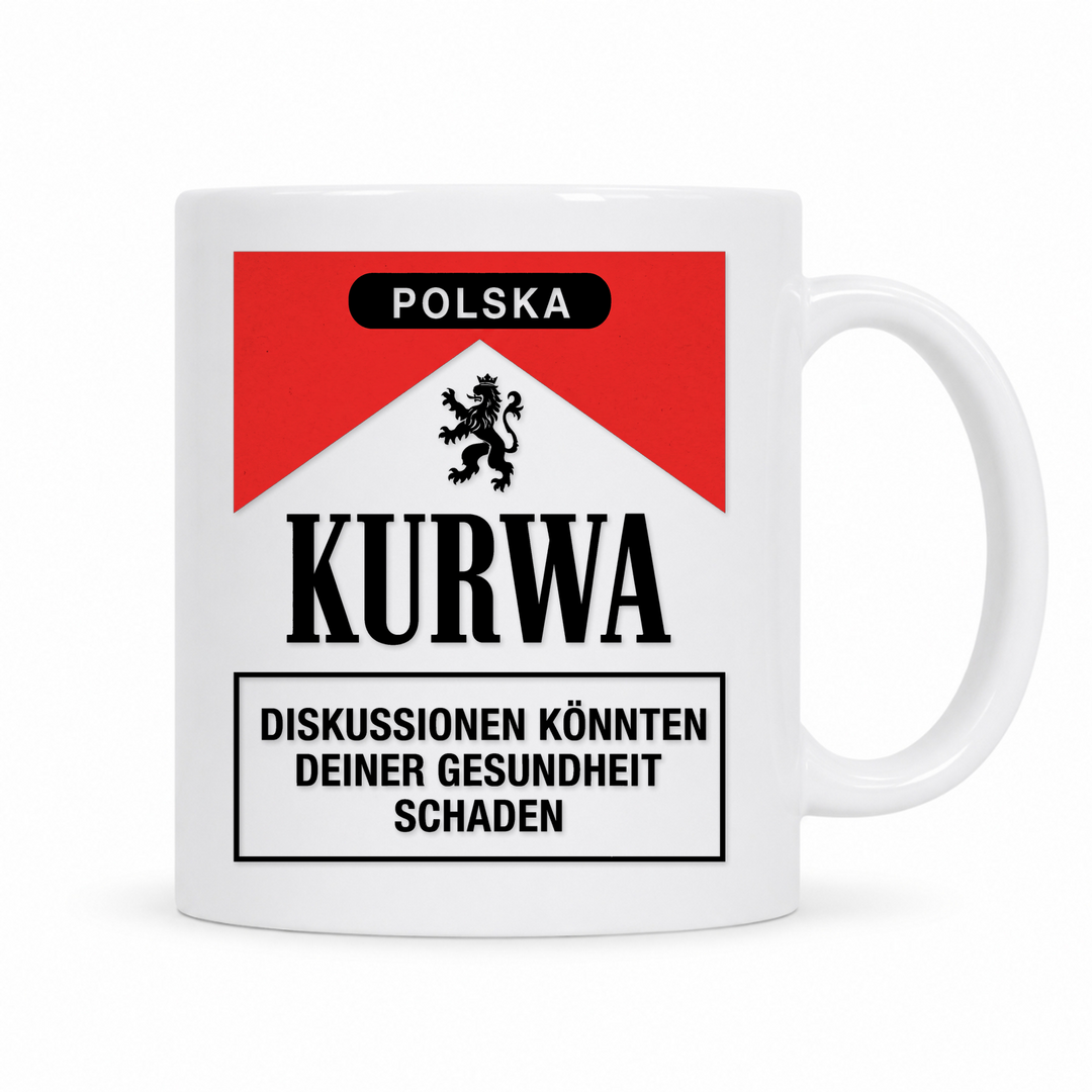 Polska Kurwa Warnhinweis Tasse – weiße Keramiktasse mit polnischem Spruch