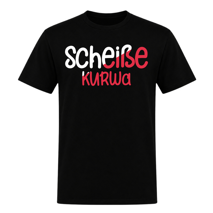 Scheiße Kurwa Unisex T-Shirt in Schwarz – Vorderseite – polnischer Spruch