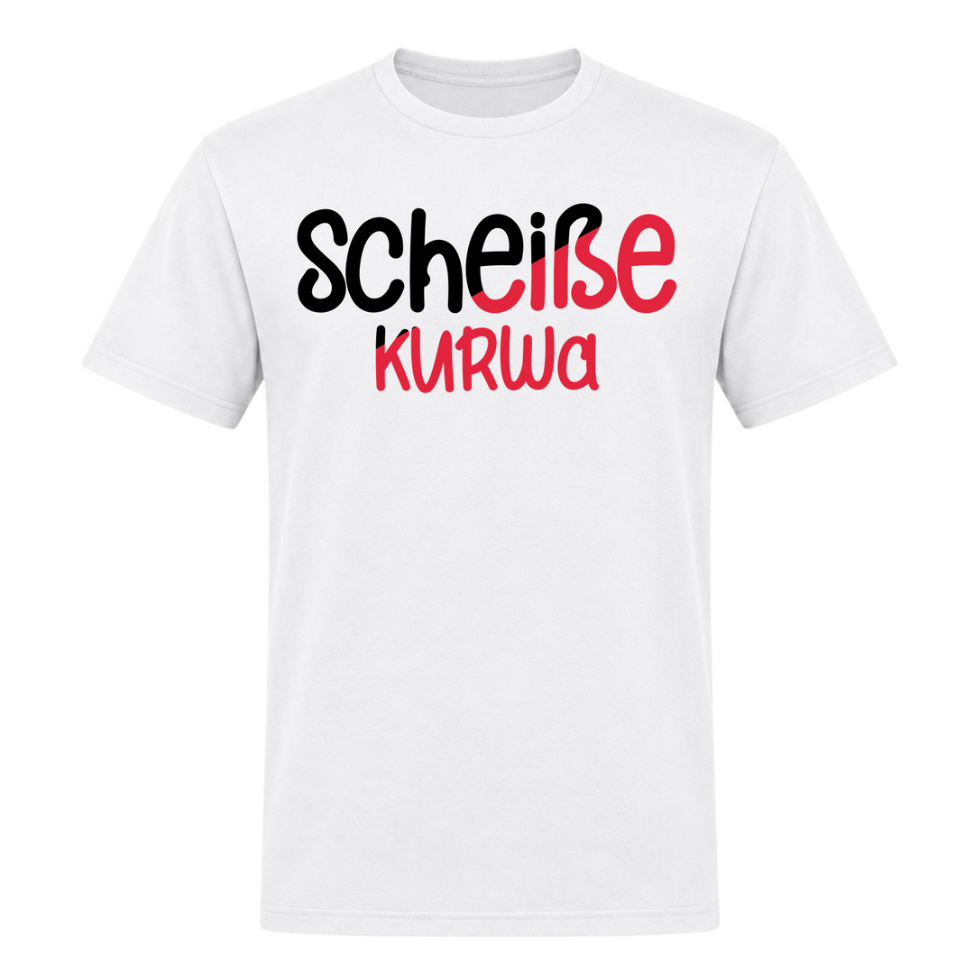 Scheiße Kurwa Unisex T-Shirt in Weiß – Vorderseite – polnischer Spruch